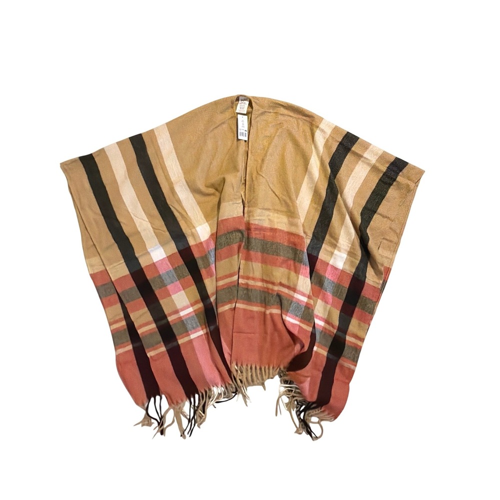 Woolrich Western Justine Plaid Poncho Wrap Tan Coral Black Fringed Boho One Size